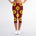 Burgundy Sunflower Pattern Print Women's Capri Leggings