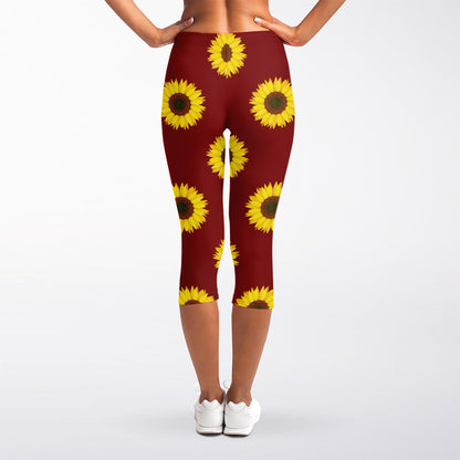 Burgundy Sunflower Pattern Print Women's Capri Leggings