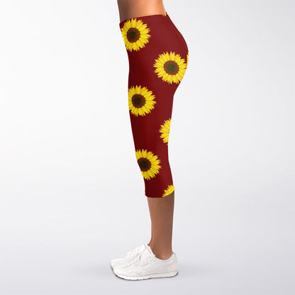 Burgundy Sunflower Pattern Print Women's Capri Leggings