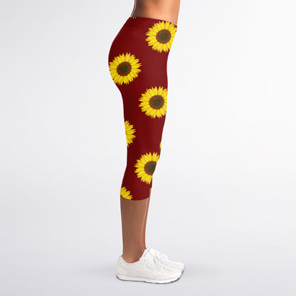 Burgundy Sunflower Pattern Print Women's Capri Leggings