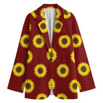 Burgundy Sunflower Pattern Print Women's Cotton Blazer