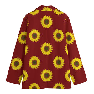 Burgundy Sunflower Pattern Print Women's Cotton Blazer