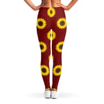 Burgundy Sunflower Pattern Print Women's Leggings