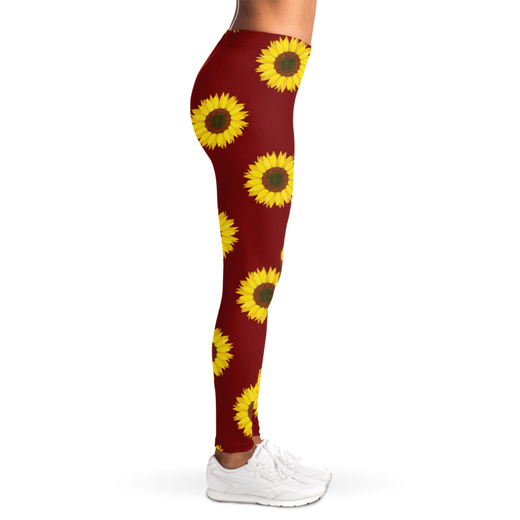 Burgundy Sunflower Pattern Print Women's Leggings