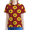 Burgundy Sunflower Pattern Print Women's Polo Shirt