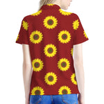 Burgundy Sunflower Pattern Print Women's Polo Shirt