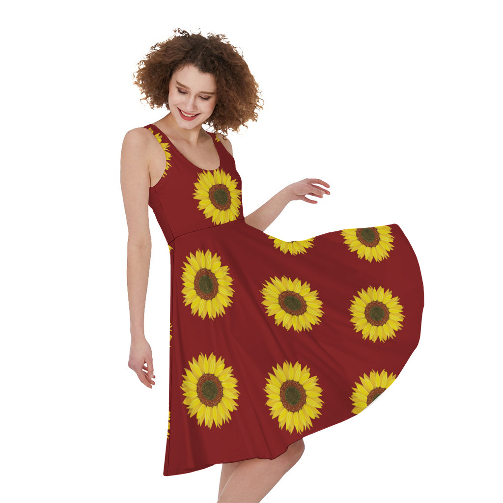 Burgundy Sunflower Pattern Print Women's Sleeveless Dress