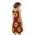 Burgundy Sunflower Pattern Print Women's Sleeveless Dress