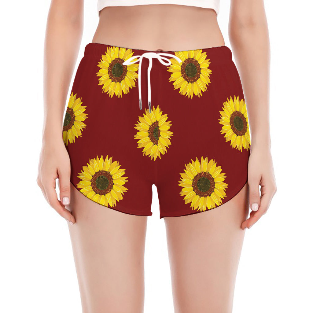 Burgundy Sunflower Pattern Print Women's Split Running Shorts