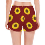 Burgundy Sunflower Pattern Print Women's Split Running Shorts