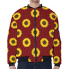 Burgundy Sunflower Pattern Print Zip Sleeve Bomber Jacket