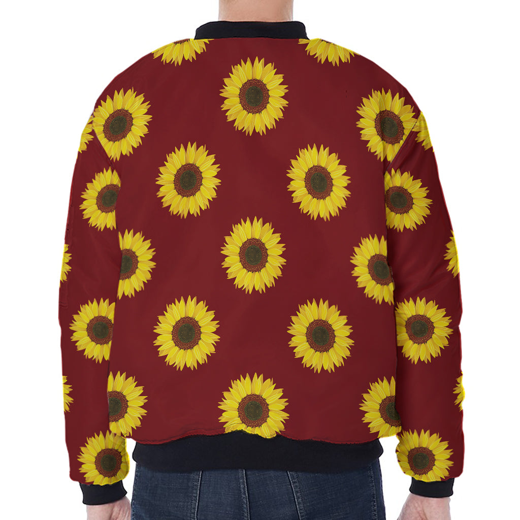 Burgundy Sunflower Pattern Print Zip Sleeve Bomber Jacket