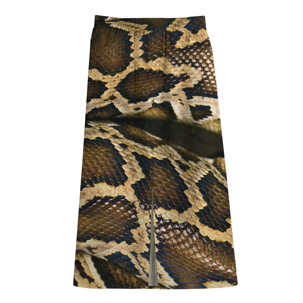Burmese Python Snake Print Cotton Front Slit Maxi Skirt