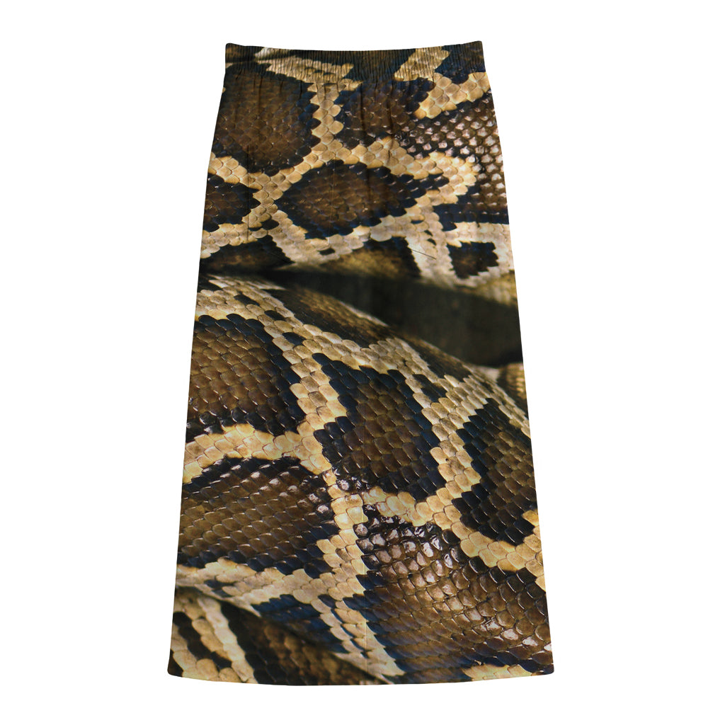 Burmese Python Snake Print Cotton Front Slit Maxi Skirt