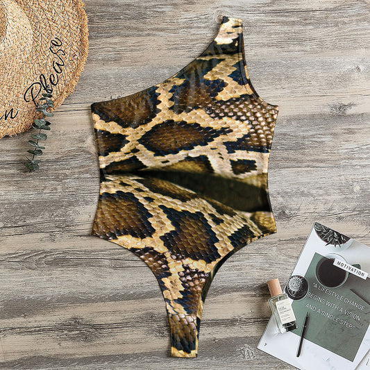 Burmese Python Snake Print One Shoulder Bodysuit