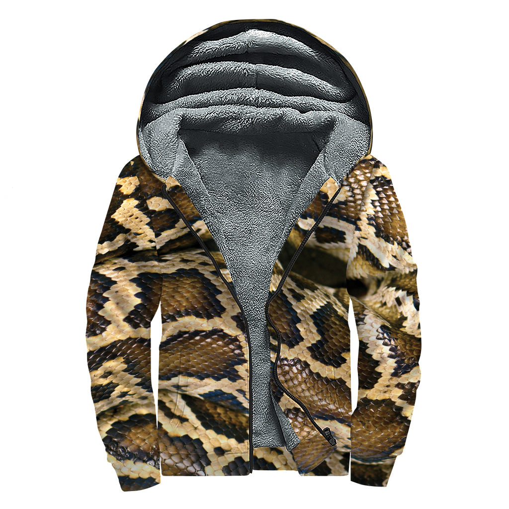 Burmese Python Snake Print Sherpa Lined Zip Up Hoodie