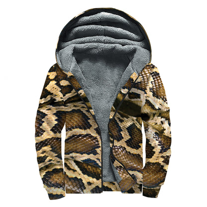Burmese Python Snake Print Sherpa Lined Zip Up Hoodie