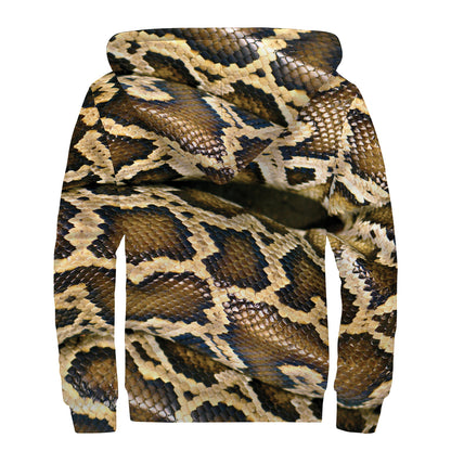 Burmese Python Snake Print Sherpa Lined Zip Up Hoodie