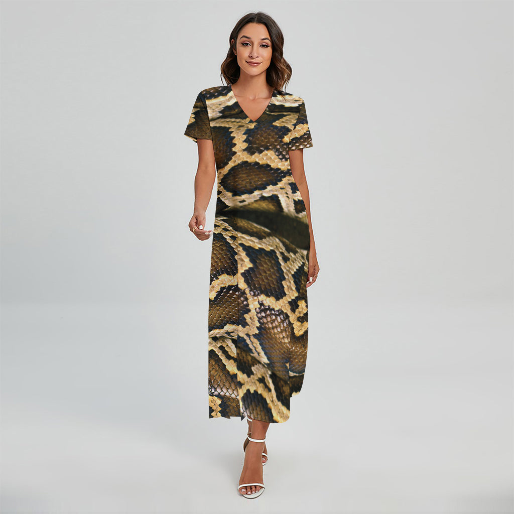 Burmese Python Snake Print Short Sleeve Maxi Dress