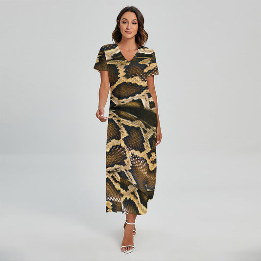 Burmese Python Snake Print Short Sleeve Maxi Dress