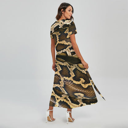 Burmese Python Snake Print Short Sleeve Maxi Dress