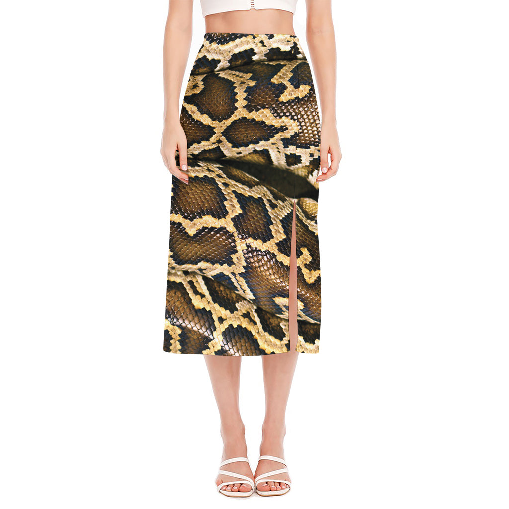 Burmese Python Snake Print Side Slit Midi Skirt