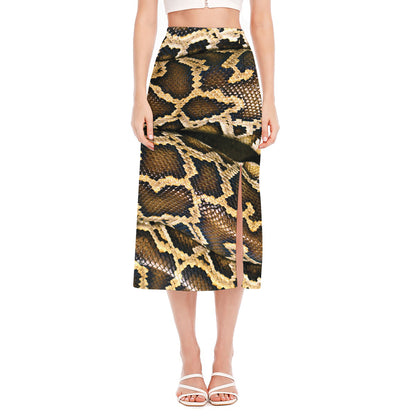 Burmese Python Snake Print Side Slit Midi Skirt
