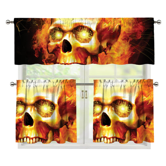 Burning Evil Skull Print 3 Piece Kitchen Curtains