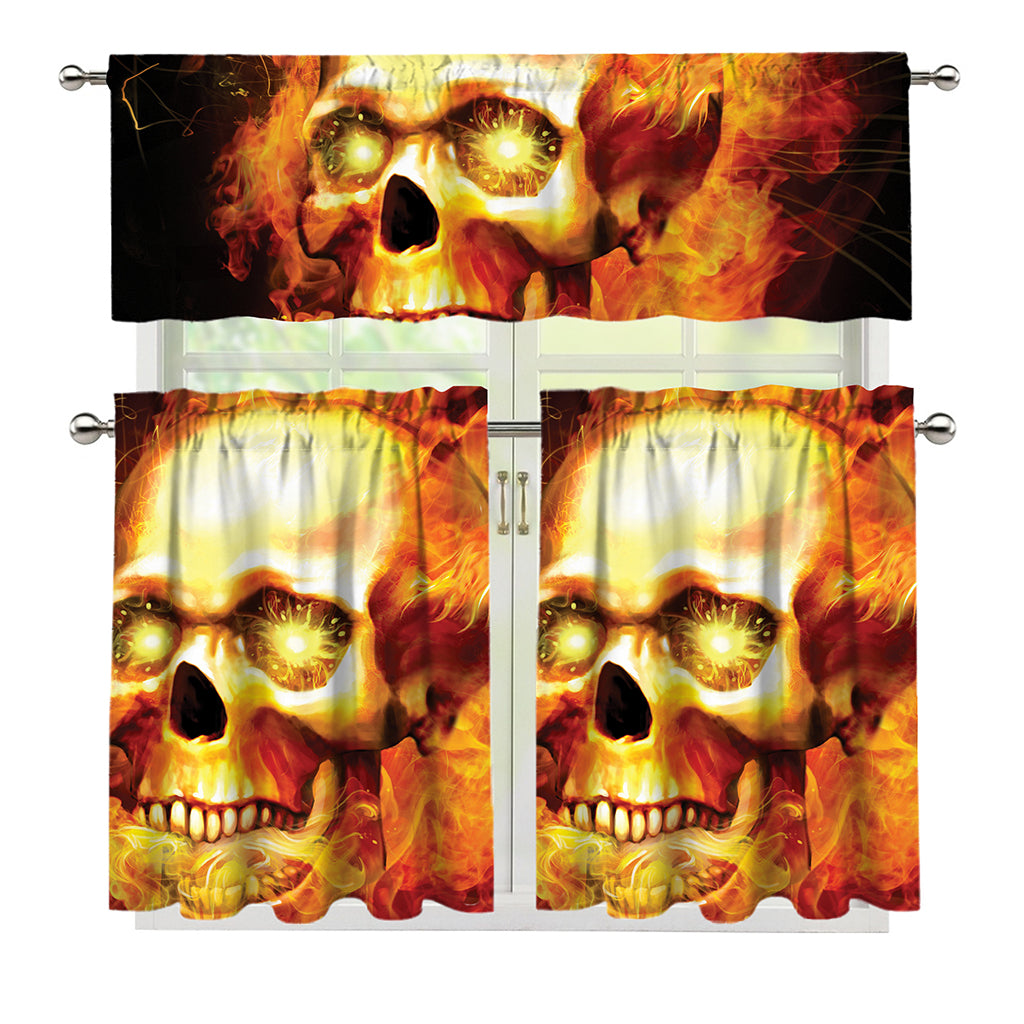 Burning Evil Skull Print 3 Piece Kitchen Curtains