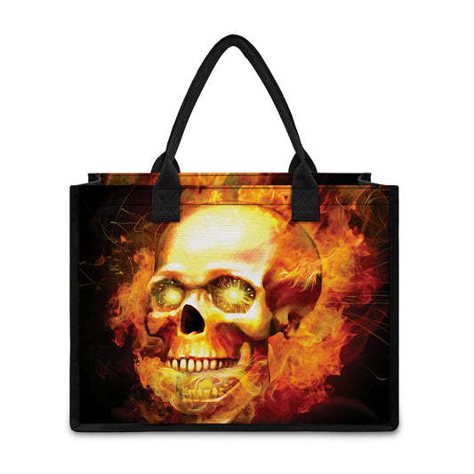 Burning Evil Skull Print Canvas Tote Bag