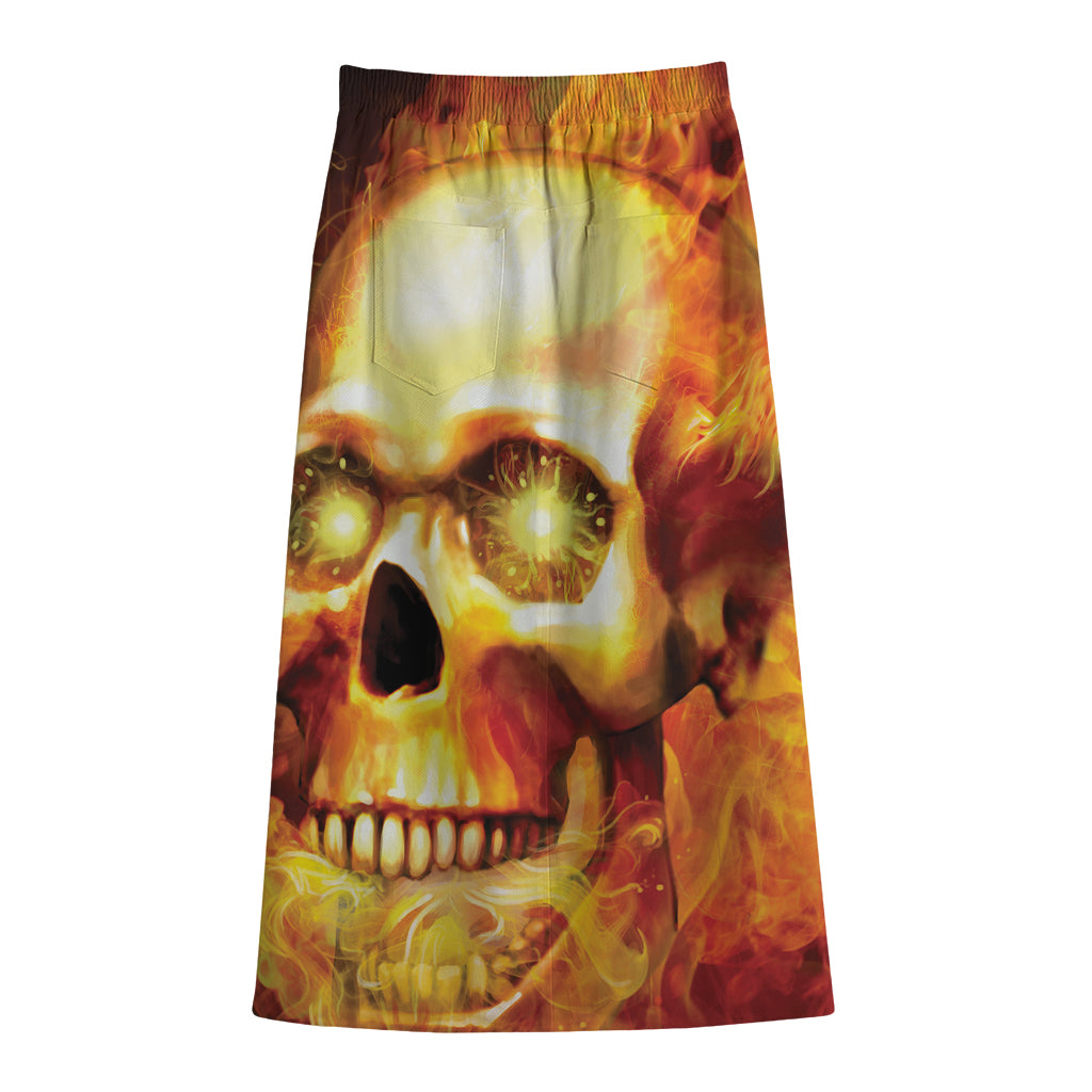 Burning Evil Skull Print Cotton Front Slit Maxi Skirt