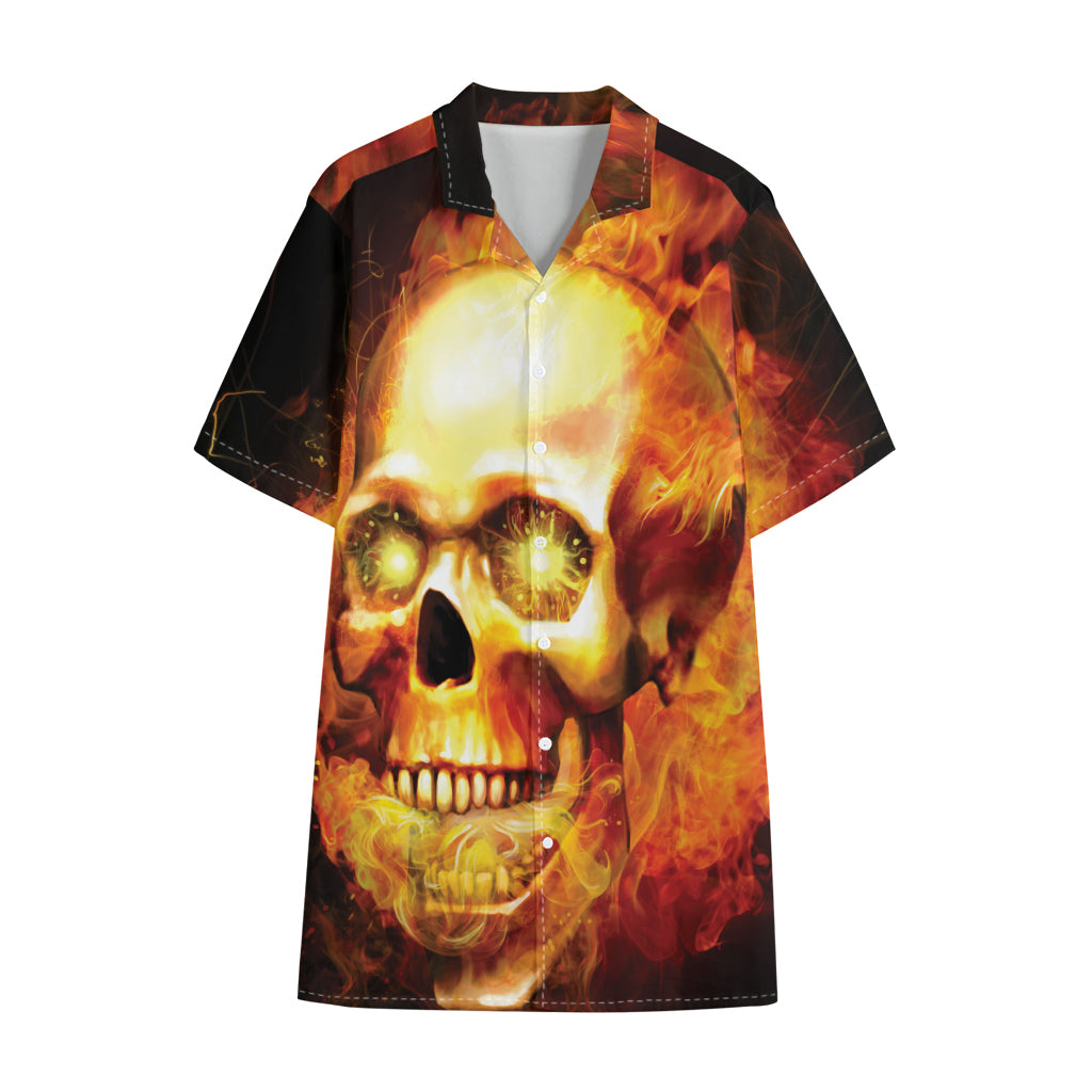 Burning Evil Skull Print Cotton Hawaiian Shirt