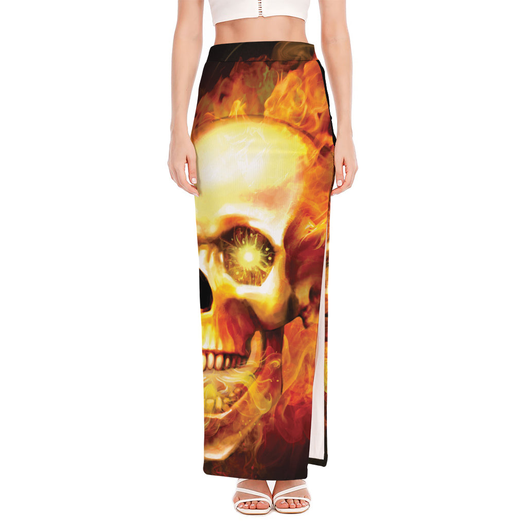 Burning Evil Skull Print High Slit Maxi Skirt