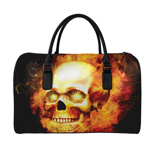 Burning Evil Skull Print Leather Duffle Bag