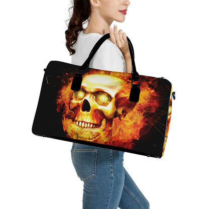Burning Evil Skull Print Leather Duffle Bag