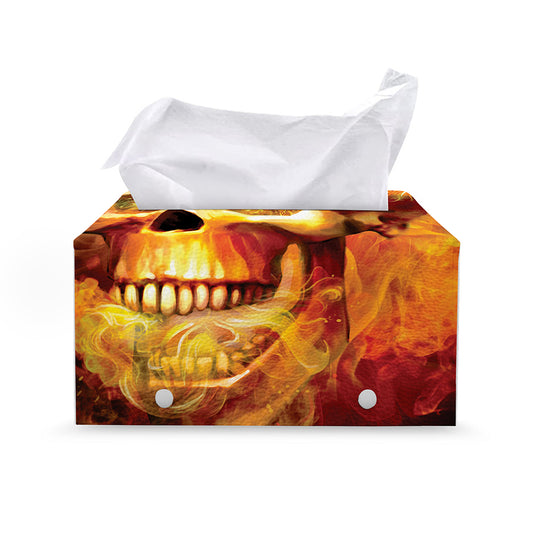 Burning Evil Skull Print Leather Tissue Box Cover