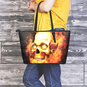 Burning Evil Skull Print Leather Tote Bag