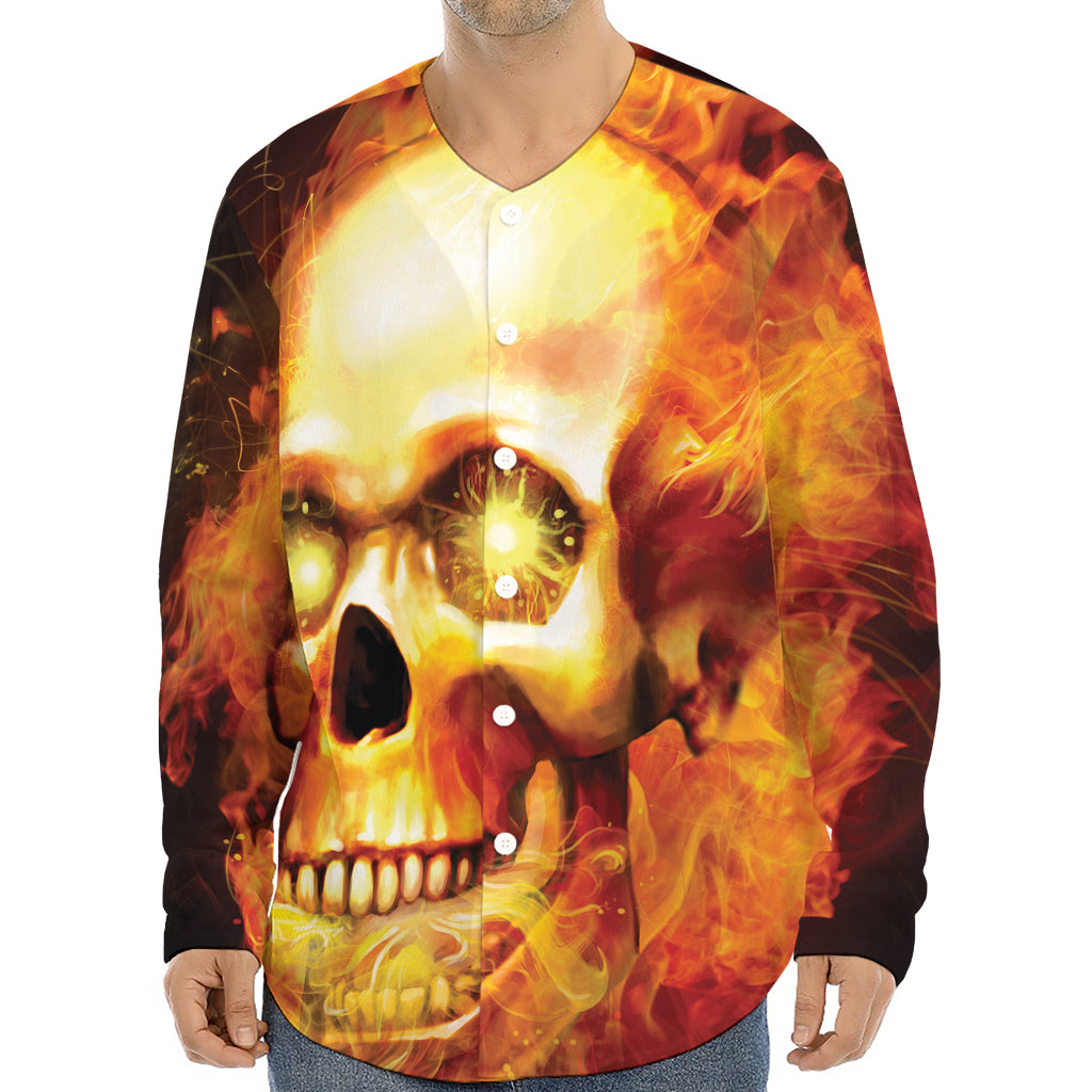 Burning Evil Skull Print Long Sleeve Baseball Jersey