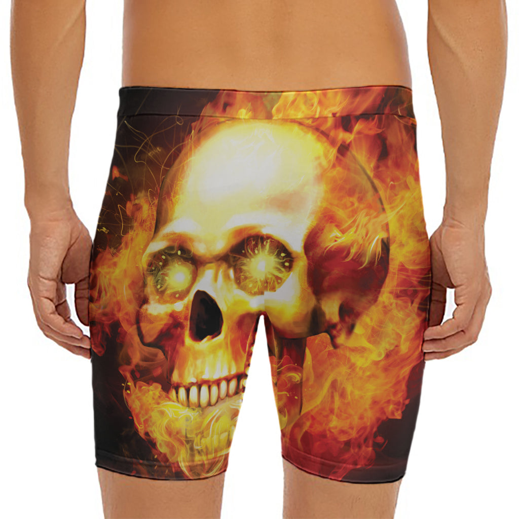 Burning Evil Skull Print Men's Long Boxer Briefs