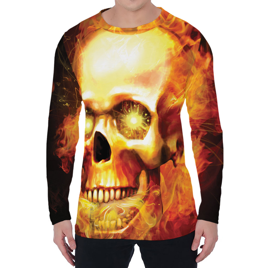 Burning Evil Skull Print Men's Long Sleeve T-Shirt