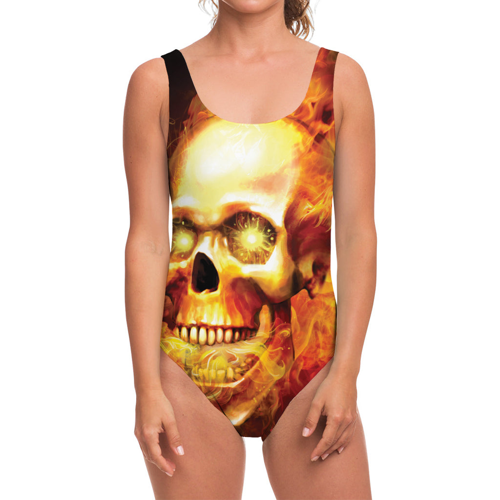 Burning Evil Skull Print One Piece Swimsuit