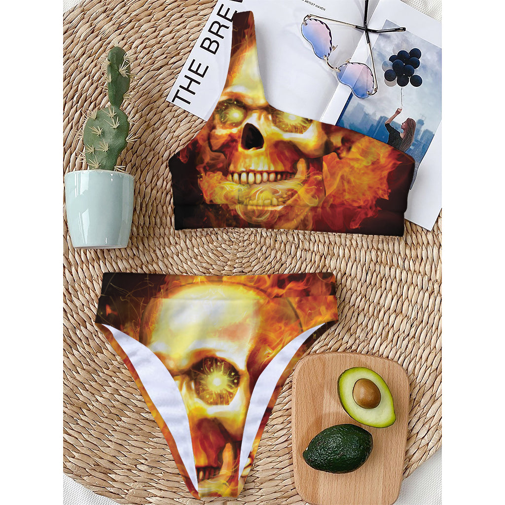 Burning Evil Skull Print One Shoulder Bikini Top