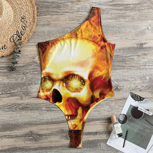 Burning Evil Skull Print One Shoulder Bodysuit