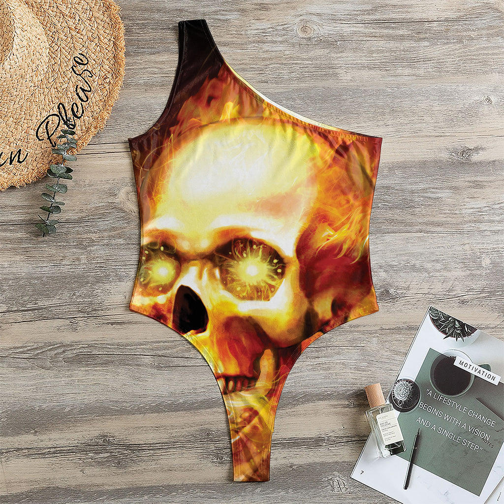 Burning Evil Skull Print One Shoulder Bodysuit