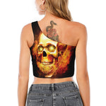 Burning Evil Skull Print One Shoulder Crop Top