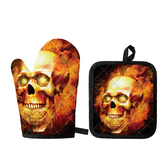 Burning Evil Skull Print Oven Mitt And Pot Holder Set