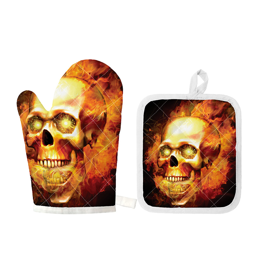 Burning Evil Skull Print Oven Mitt And Pot Holder Set