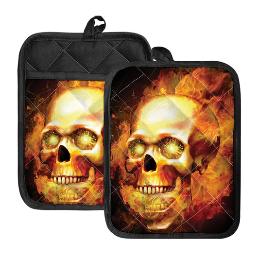 Burning Evil Skull Print Pot Holders With Pocket