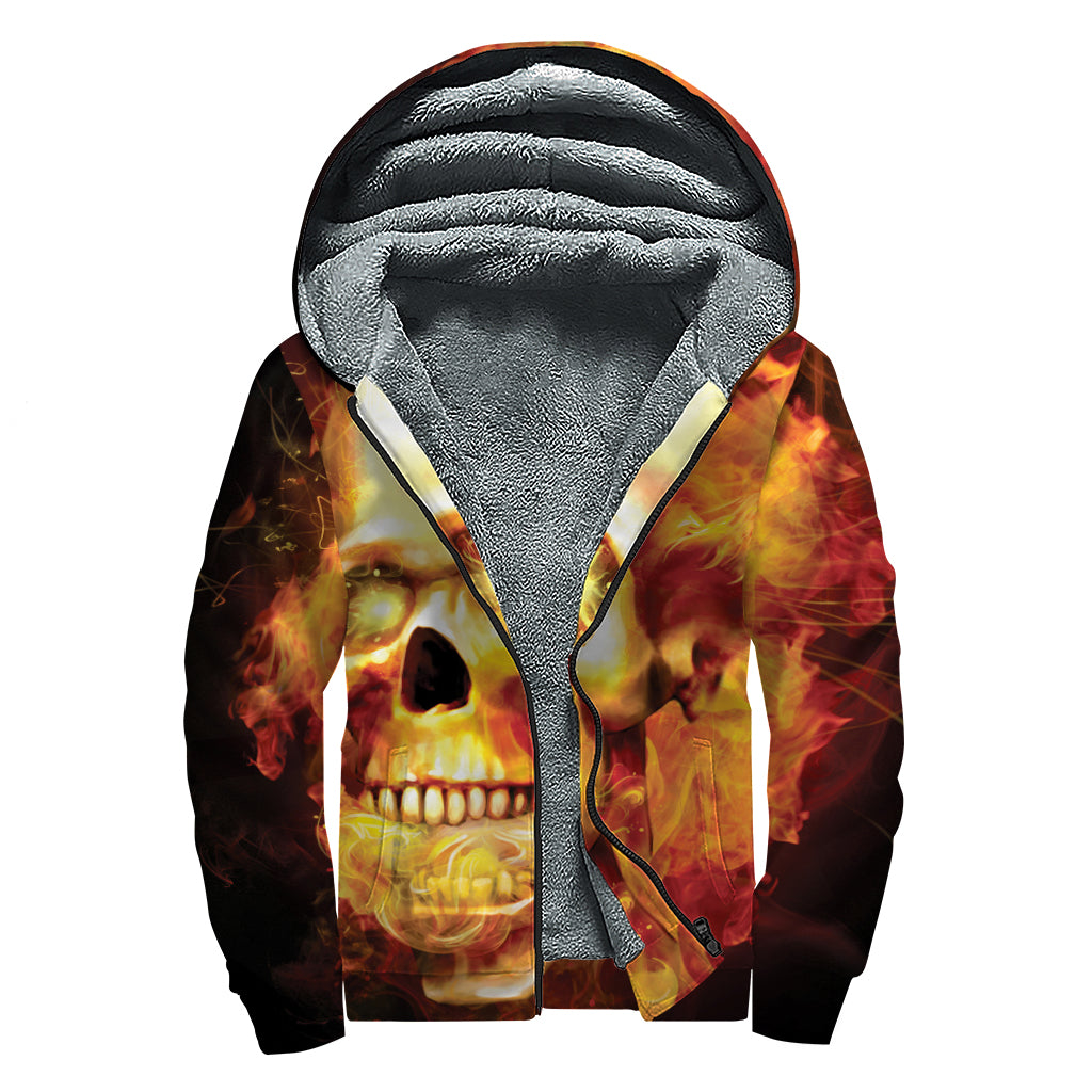 Burning Evil Skull Print Sherpa Lined Zip Up Hoodie