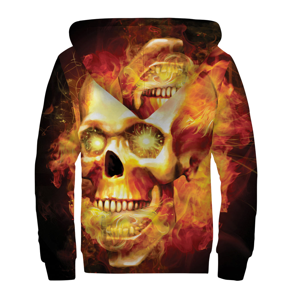 Burning Evil Skull Print Sherpa Lined Zip Up Hoodie